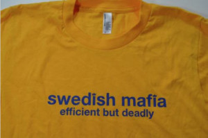 a yellow shirt with blue text