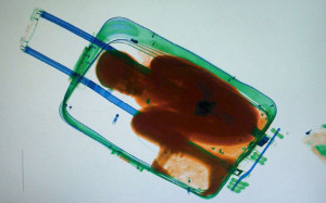 a green and red suitcase