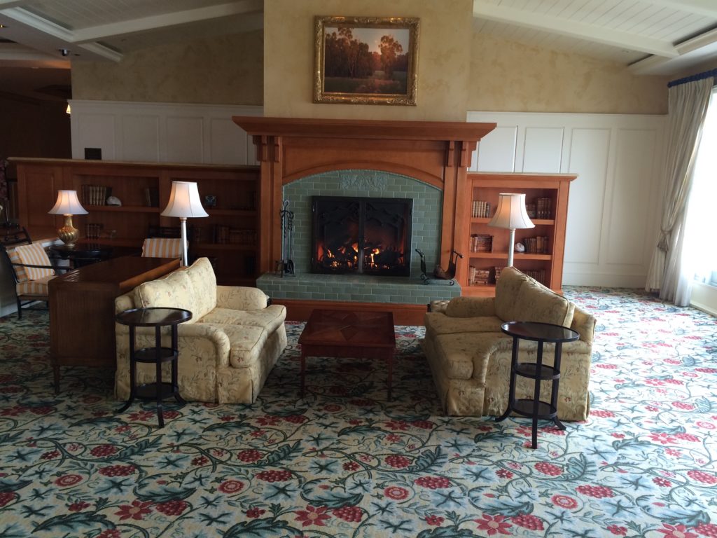 The fireplace in the lobby