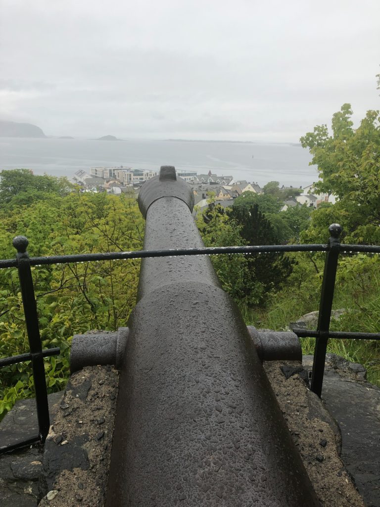 a cannon on a hill overlooking a city