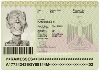 a passport with a statue of a man