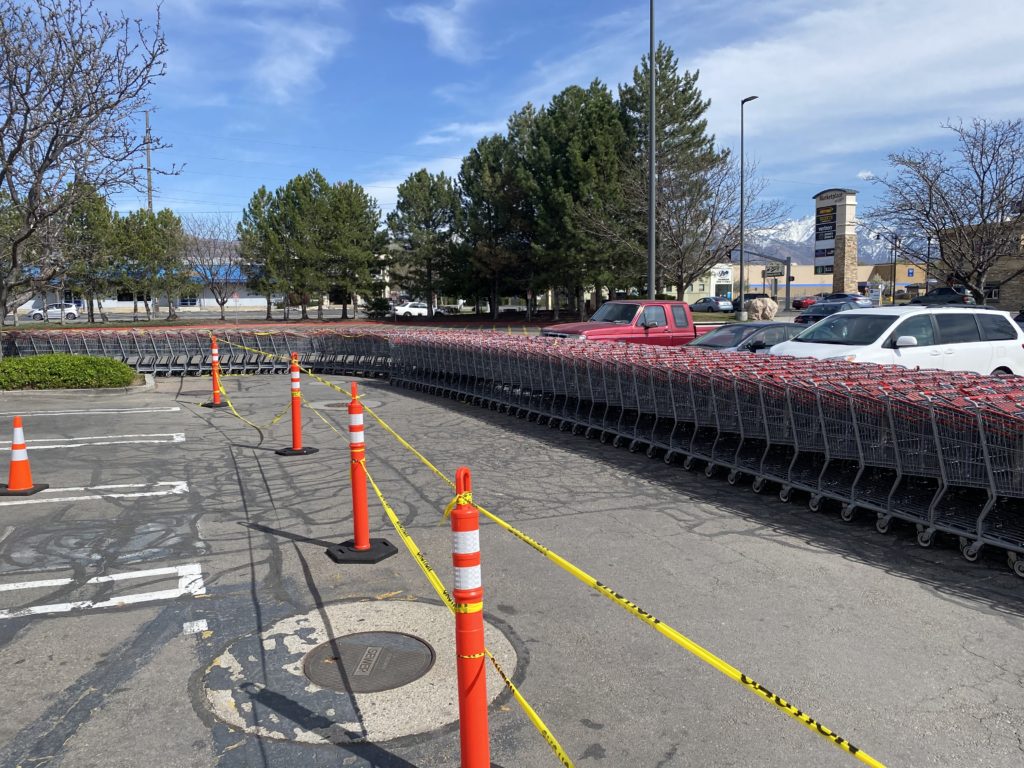 a row of shopping carts and orange cones