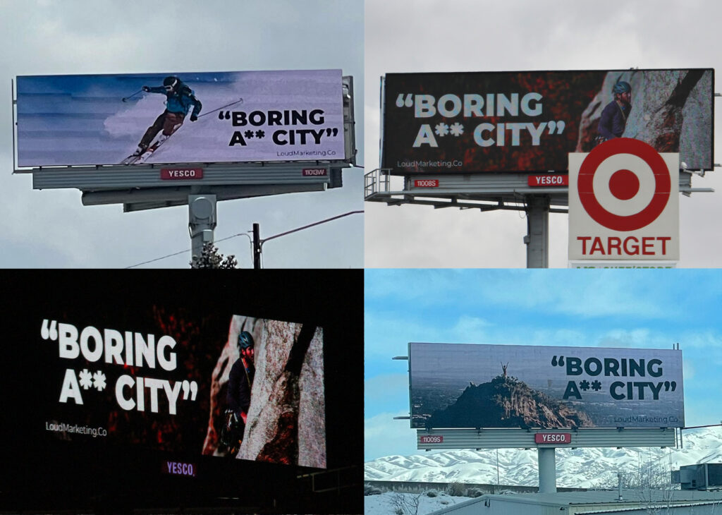a group of billboards with images of a man skiing