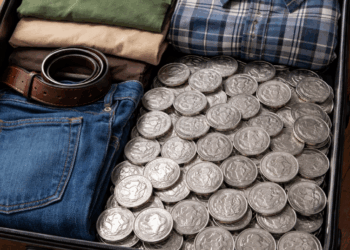 The image shows an open suitcase on a wooden floor. Inside, there are neatly folded clothes, including a green t-shirt, a beige shirt, a blue plaid shirt, and a pair of blue jeans. A brown leather belt is also visible. The other half of the suitcase is filled with stacks of silver coins.