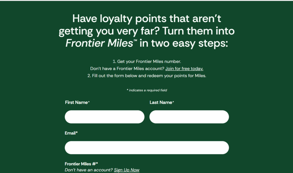The image is a promotional graphic with a dark green background, offering a way to convert loyalty points into "Frontier Miles" in two steps. It instructs users to get a Frontier Miles number and fill out a form to redeem points. The form requires a first name, last name, email, and Frontier Miles number, with a note that fields marked with an asterisk are required. There are links to join or sign up for a Frontier Miles account.